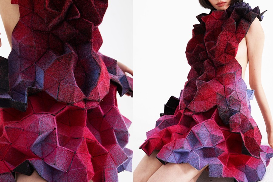 Wool felt garment of hand-stitched squares and triangles