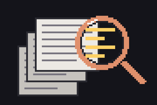 Pixel drawing of a magnifying glass over a stack of documents